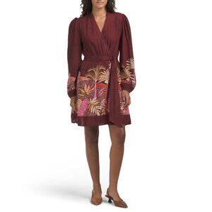 CELINA MOON Rosewood Long Sleeve Safari Print Mini Wrap Dress